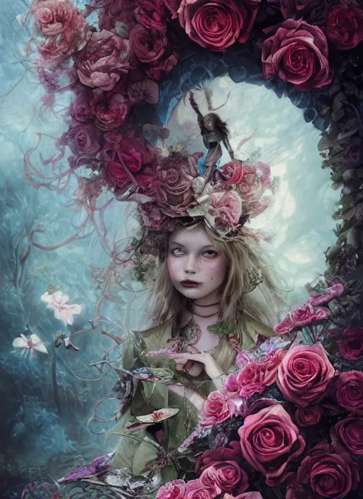 Image similar to Alice in Wonderland,roses,highly detailed,cinematic,8k,by Stanley Artgermm,Tom Bagshaw,Greg Rutkowski,Carne Griffiths, Ayami Kojima, Beksinski, Giger,trending on DeviantArt,hyper detailed,horror, full of colour