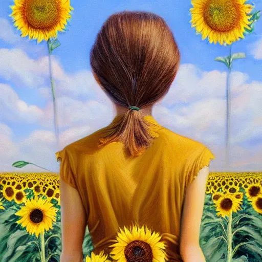 Image similar to a girl in amazing tall sunflower field, her hair flowing down, subtle, intricate details, real masterpiece, surreal, oil on canvas, by somsak anong