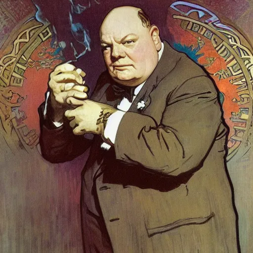 Image similar to alphonse mucha portrait of Winston Churchill as the God of War, smoking a cigar, detailed, stylized, realistic, deep hues, cool tones, dark, strong