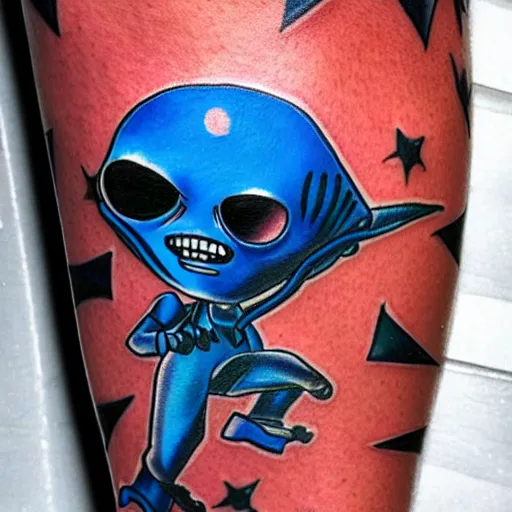 Prompt: new school tattoo of blue alien holding a ray gun