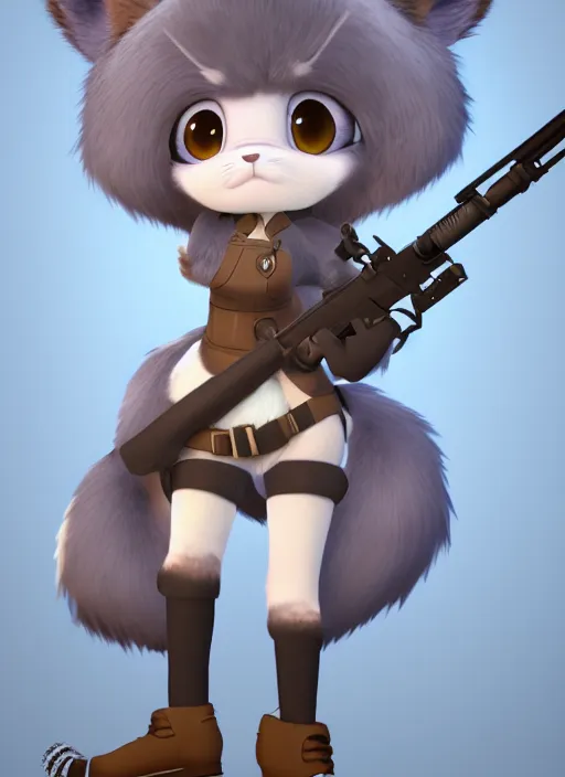 Image similar to female furry mini cute style, character adoptable, highly detailed, rendered, ray - tracing, cgi animated, 3 d demo reel avatar, style of maple story and zootopia, maple story gun girl, grey mouse, soft shade, soft lighting