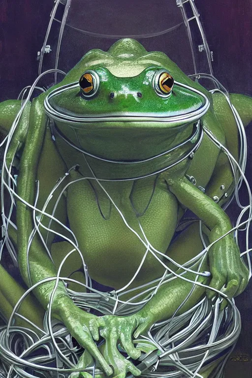 Image similar to hyperrealist portrait of a humanoid frog dressed as a space sport engineer, it is decorated with long wires that fall like vines and wears small computers over their body. by jeremy mann and alphonse mucha, fantasy art, photo realistic, dynamic lighting, artstation, poster, volumetric lighting, very detailed faces, 4 k, award winning