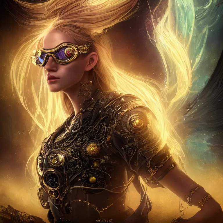 Prompt: beautiful cinematic fantasy poster, a beautiful cyberpunk goddess wearing ornate gold sci-fi goggles, flowing illuminated hair, beautiful glowing galaxy eyes, wideshot ultrawide angle epic scale, hybrid from The Elden Ring and art direction by Darius Zawadzki ;by artgerm; wayne reynolds art station; cinematic quality character render; low angle; ultra high quality model; production quality cinema model;