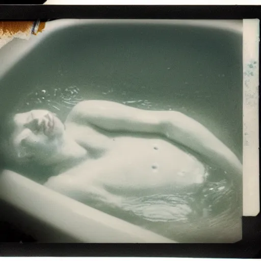 Prompt: A polaroid photograph of a man laying in a bath filled with milk, body submerged face peeking through