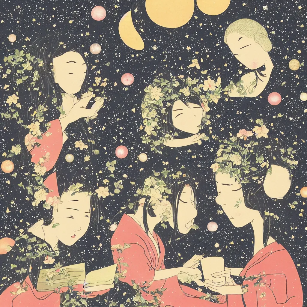 Image similar to Japanese style picture of two sisters reading a book and drinking herbal tea made with celestial fluids in the balcony covered with plant pots which opens up to celestial sky filled with galaxies and planets. A small while do sitting beside them. Scented candles lit around them. Highly detailed. Celestial. Satisfying.