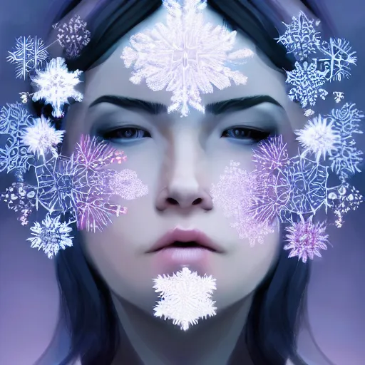 Image similar to a pretty face turning into silk snowflakes. artstation award