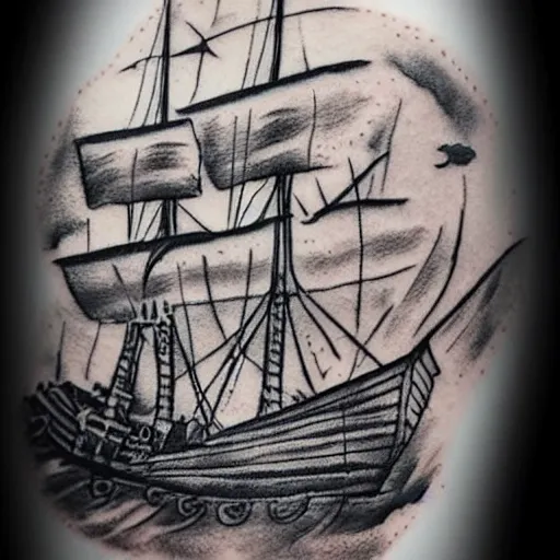 Image similar to A magical pirate ship tattoo realistic tattoo sketch on white background, hyper realistic shaded tattoo, award winning tattoo