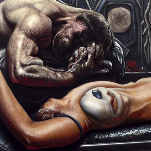 Prompt: joe rogan sleeping by H. R. Giger trending on artstation, detailed art, oil painting, high fantasy, horror, science fiction