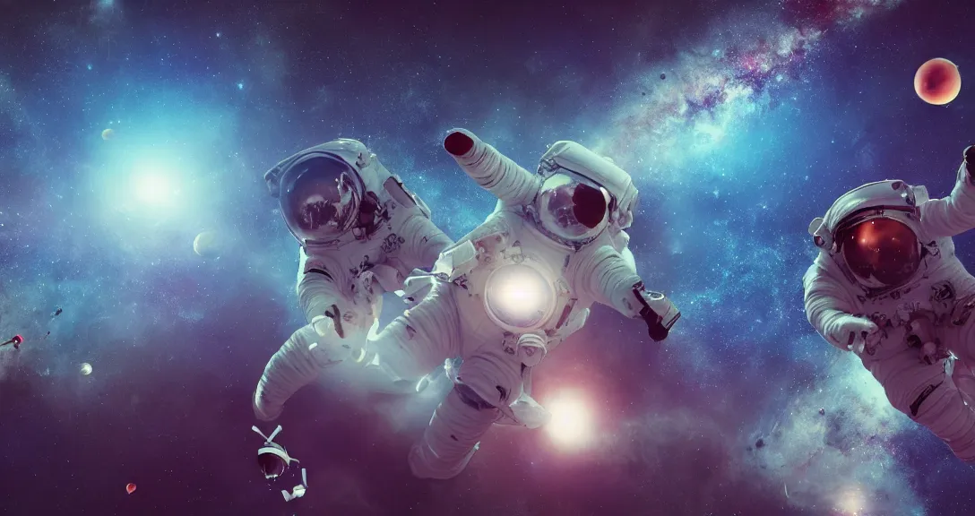 Prompt: two astronauts in space, nebula, milky way on the middle, planets blur on the background, ethereal, romantic, galaxy, concept art, artstation, digital art, intricate details,