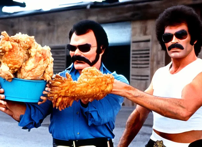 Image similar to film still of burt reynolds holding a bucket of fried chicken in cannonball run 1 9 8 2