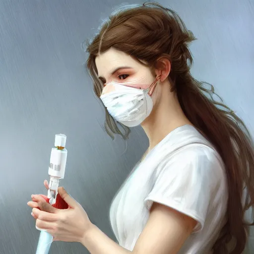 Image similar to epic portrait an female nurse in white dress and short sleeves wearing a mask and holding a syringe, digital painting, artstation, concept art, soft light, hdri, smooth, sharp focus, illustration, fantasy, intricate, elegant, highly detailed, D&D, matte painting, in the style of Greg Rutkowski and Alphonse Mucha and artemisia, 8k, highly detailed, jurgens, rutkowski, bouguereau, pastoral, rustic, georgic, detailed concept art, illustration, colorful pastel, painting, detail, ultra detailed, digital art, 4K,