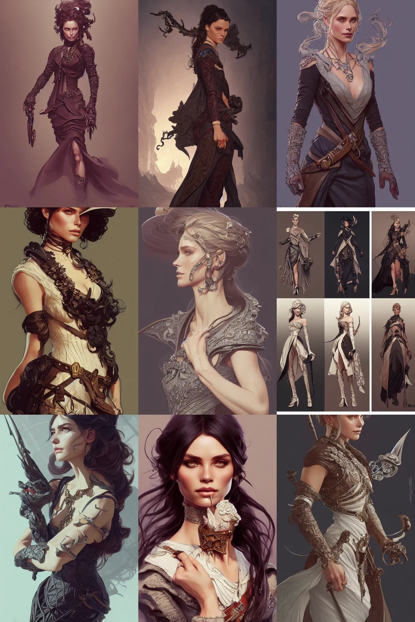 Prompt: fashion and character design spot illustrations from westworld combined with encanto, d & d, fantasy, intricate, elegant, highly detailed, digital painting, artstation, concept art, matte, sharp focus, illustration, hearthstone, art by artgerm and greg rutkowski and alphonse mucha