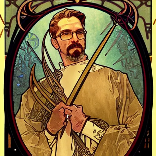 Prompt: gordon freeman portrait by louis - theophile hingre and alphonse mucha, realistic, sharp focus, zodiac signs, tarot cards, planets, ethereal, art nouveau, magic, moon, sun, crown, dreamy, royal, jewellery