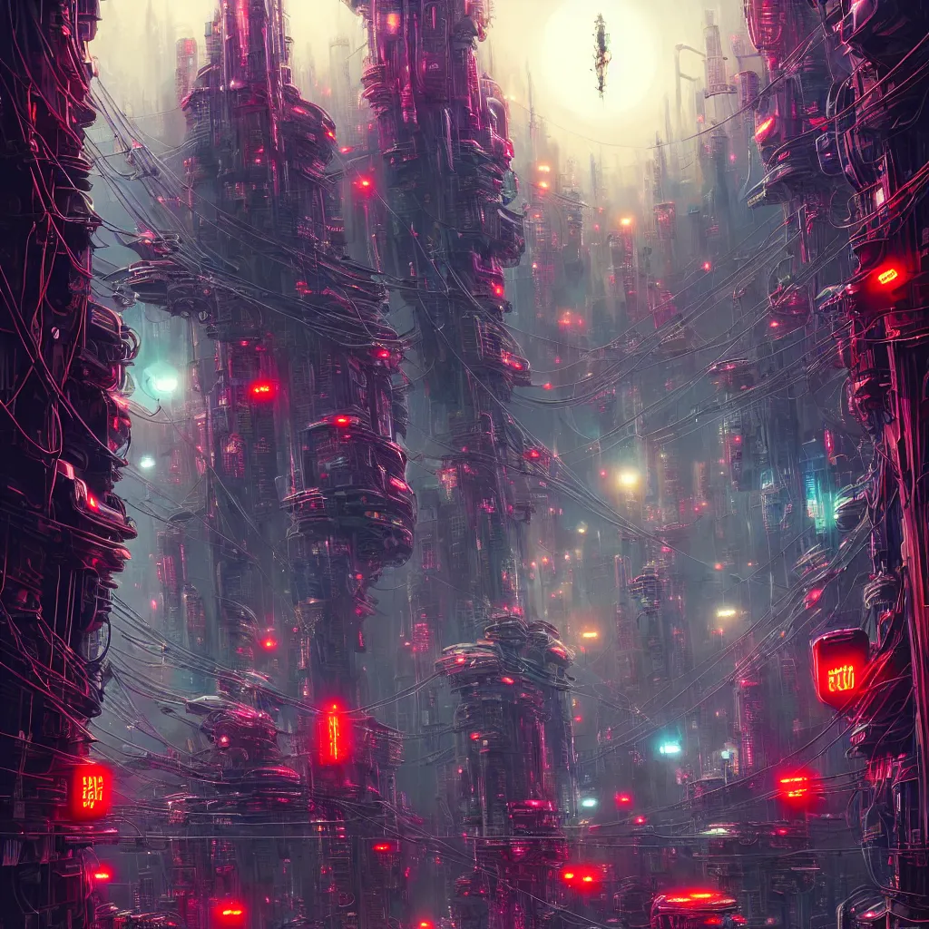 Prompt: robo cats inside an scifi tentacles wires futuristic city, beautiful signs, wide angle, retro futuristic comics, cinematic, highly detailed, photorealistic, rich bright colors, trending on artstation, giger, tsutomu nihei, trending on cgsociety, awe inspiring bruce pennington cityscape, digital art painting of 1 9 6 0 s