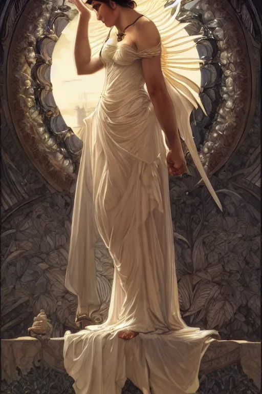 Image similar to Minerva Greek Goddess, elegant, highly detailed, digital painting, artstation, concept art, smooth, sharp focus, illustration, ArtStation, art by artgerm and greg rutkowski and alphonse mucha and J. C. Leyendecker and Edmund Blair Leighton and Charlie Bowater