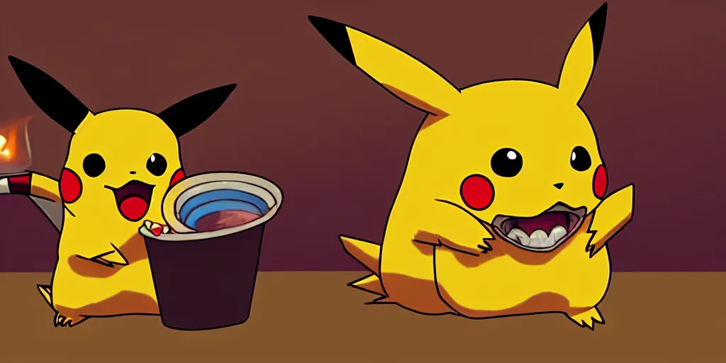 Image similar to pikachu devouring a dog sharp teeth burtal eyes scary mouth dark room red candles trash bin