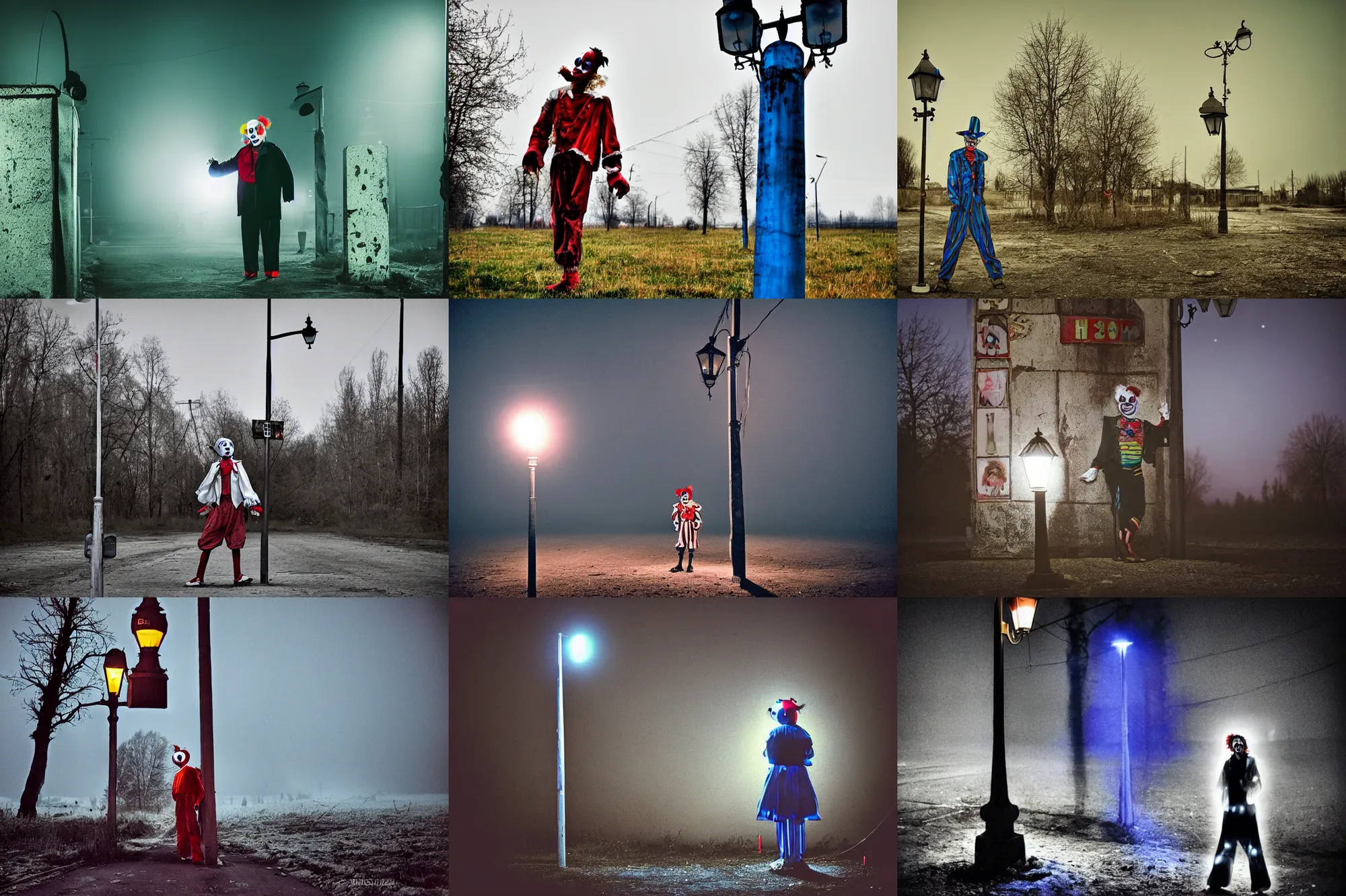 Prompt: a thin scary clown in torn clothes stands under a lamppost that shines a blue light on the clown, pitch darkness around the post, everything happens at night in an old Soviet village, the photo was taken from afar, Colourful, Cinematic, filmic, 35mm, dark atmosphere, horror, scary, Wildlife photography