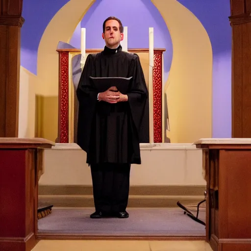 Image similar to Michael Scott as a Catholic priest giving a sermon at the pulpit