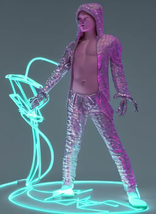 Image similar to photo of fullbodied baroque and bladerunner delicate neon diamond sculpture of seductive ceramic albino marble prince brian whittaker dotado mint iridescent humanoid deity wearing pink plastic fluffy hoody holding diamond skull in a white alien dungeon, reclining, glowing magenta face, crown of white diamonds, cinematic lighting, photorealistic, octane render 8 k depth of field 3 d