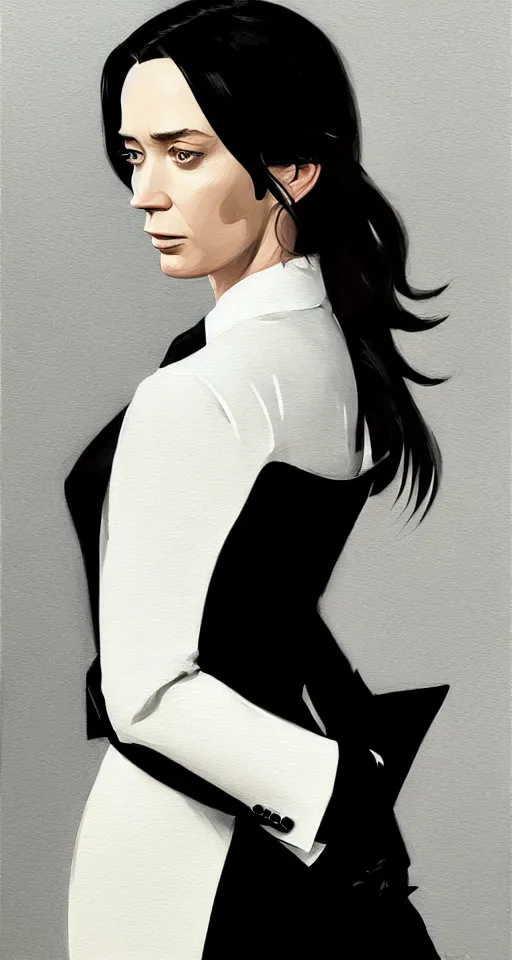 Image similar to portrait of emily blunt as business woman, black suit, white shirt, black tie, intricate, headshot, key visual, conceptart, ambient lighting, highly detailed, digital painting, artstation, concept art, sharp focus, by makoto shinkai and akihiko yoshida and greg manchess