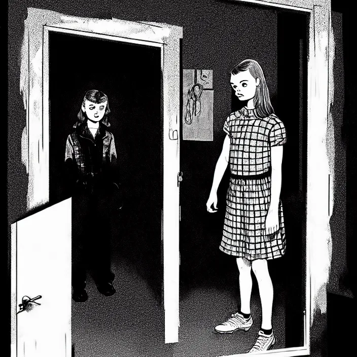 Image similar to [ inside a very dark scary empty dingy 1 9 6 0 s house ] [ sadie sink in dirty workmen clothes opens the door to enter ]. technique : black and white pencil and ink. by gabriel hardman, joe alves, chris bonura. cinematic atmosphere, detailed and intricate, perfect anatomy