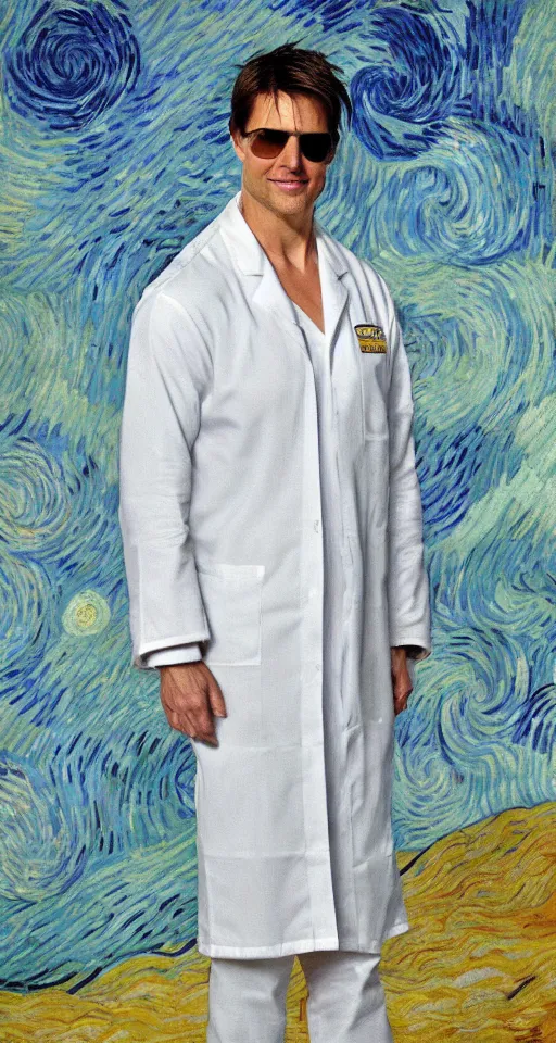 Prompt: Tom Cruise in white lab coat and safety glasses by Van Gogh