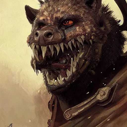 Prompt: portrait of a gnoll wearing a scarred face wearing plate armor, fantasy, highly detailed, digital painting, artstation, concept art, character art, art by greg rutkowski and tyler jacobson and alphonse mucha
