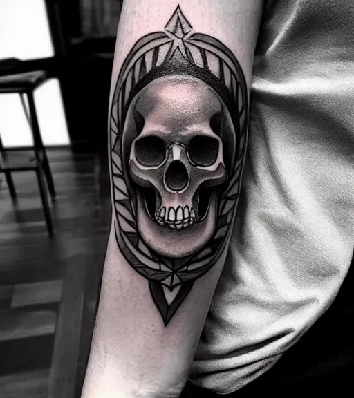 Prompt: a tattoo design with a creative skull, in the style of den yakovlev, hyper realistic, black and white, realism, highly detailed