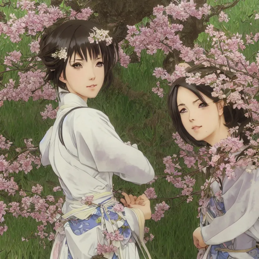Prompt: portrait of a girl, sakura tree in background, yukata clothing, battlefield in background, anime style, short hair, hair down, symmetrical facial features, realistic hands, hyper realistic, 4 k, extreme detail, detailed drawing, trending artstation, realistic lighting, by alphonse mucha, greg rutkowski, sharp focus, backlit