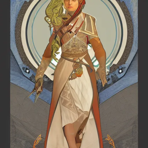 Image similar to an ultra detailed vector image of solare of astora dressed as ezio auditore, concept art by alphonse mucha and greg rutkowski, praise the blood moon, octane render, liminal space