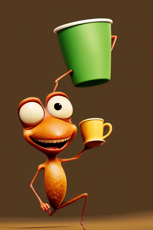 Image similar to a funny ant character with big eyes holding a cup of coffee on top of a leaf at a sunny morning. pixar disney 4 k 3 d render movie oscar winning trending on artstation and behance. ratatouille style.