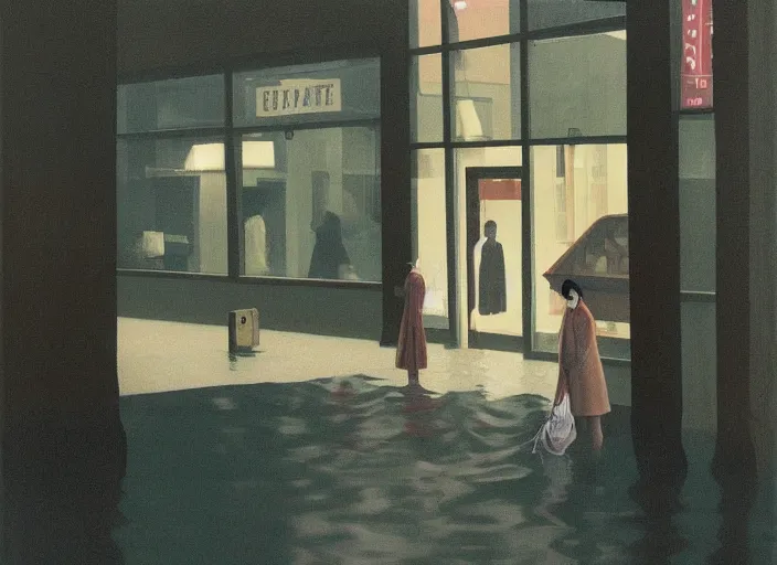 Image similar to woman dressed in plastic bags plugged into computer in paper bag over the head on flooded street Edward Hopper and James Gilleard, Zdzislaw Beksinski, highly detailed