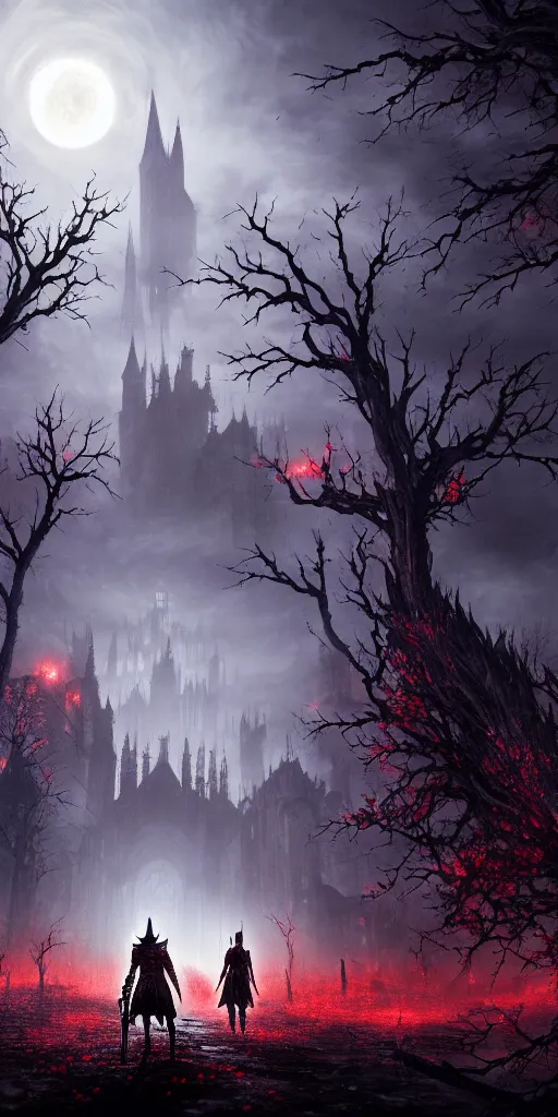 Image similar to abandoned bloodborne old valley with a obscure person at the centre and a ruined gothic city in the background, trees and stars in the background, falling red petals, epic red - orange moonlight, perfect lightning, wallpaper illustration by niko delort and kentaro miura, 4 k, ultra realistic