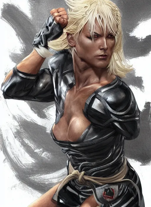 Prompt: very muscled Amazon platinum blonde as a ruggedly mean looking heroine, wearing karate gi, intricate, elegant, highly detailed, centered, digital painting, artstation, concept art, smooth, sharp focus, illustration, art by artgerm and donato giancola and Joseph Christian Leyendecker, WLOP