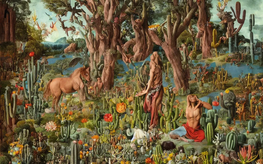 Prompt: photograph of a meditating centaur shaman and a striped werewolf feeding animals. surrounded by bulbous flowers, cacti, animals and a few trees. river delta with cliffs under a blue sky of burning stars. painted by jan van eyck, max ernst, ernst haeckel, ernst fuchs and artgerm. trending on artstation, trending on cgsociety