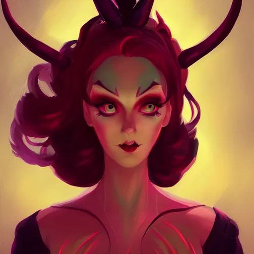 Image similar to a beautiful devil woman with horns by Lois Van Baarle and Sam Yang and Ross Tran and SamDoesArts and RossDraws, symmetrical portrait, trending on ArtStation