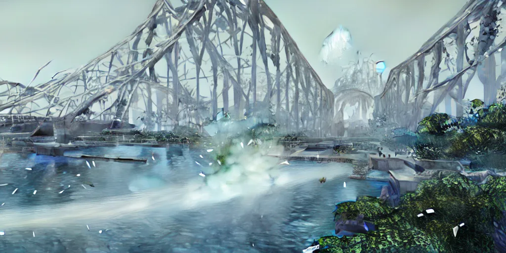 Image similar to explosions in the form of realistic white cotton plants on harbour bridge, huge white cotton everywhere on the destroyed harbour bridge, smooth, sharp focus, highly detailed, 3 d octane render, epic lighting, lots of white cotton, 8 k, by miyazaki