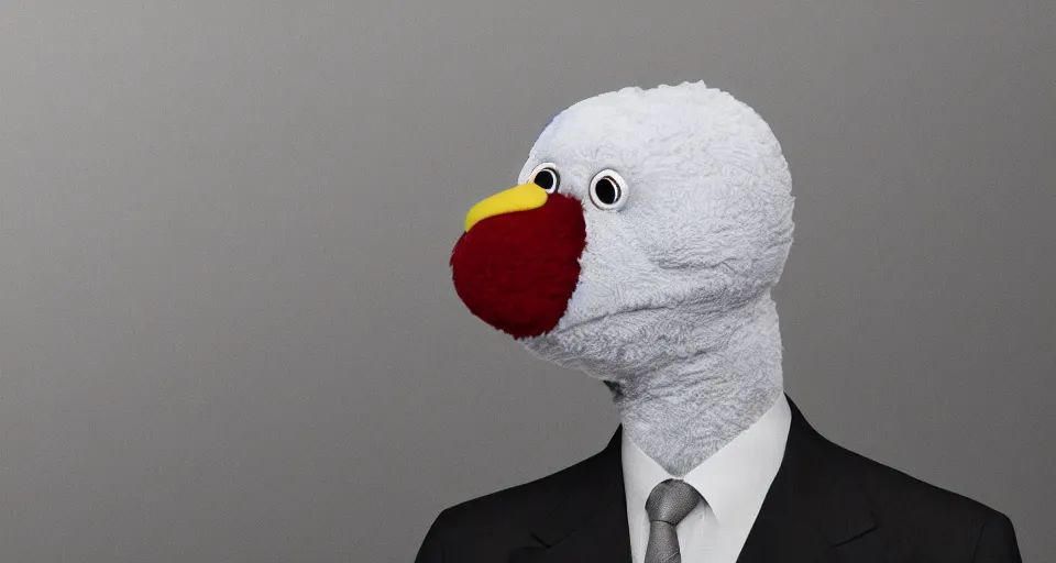 Image similar to elmo in a business suit in the style of clemens ascher, portrait