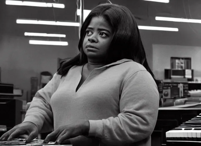 Image similar to cinematic shot of octavia spencer in an small used electronics store hands on an old electronic keyboard, iconic scene from the paranoid thriller sci fi film directed by stanley kubrick, anamorphic cinematography, beautiful composition, color theory, leading lines, photorealistic, volumetric lighting, hyper detailed 4 k image,