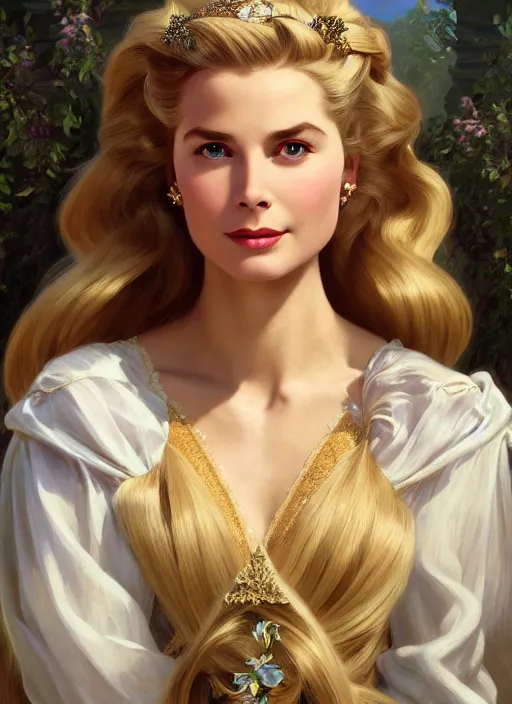 Image similar to Grace Kelly with ridiculously long hair as Rapunzel, western, D&D, fantasy, intricate, elegant, highly detailed, digital painting, artstation, concept art, matte, sharp focus, illustration, art by Artgerm and Greg Rutkowski and Alphonse Mucha, masterpiece, stunning, artstation