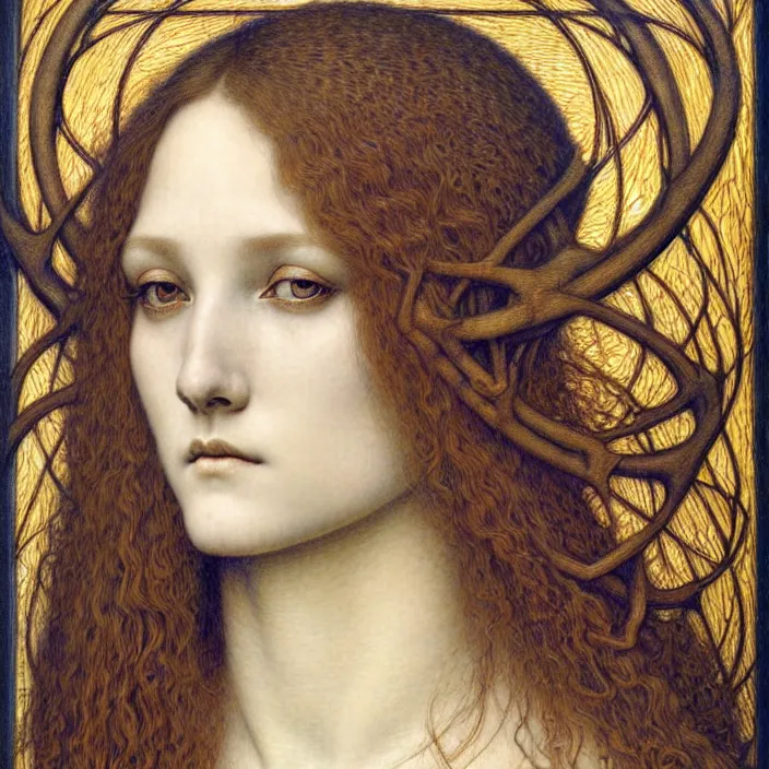 Image similar to detailed realistic beautiful young medieval queen face portrait by jean delville, gustave dore and marco mazzoni, art nouveau, symbolist, visionary, gothic, pre - raphaelite. horizontal symmetry