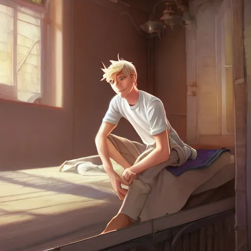 Image similar to young man with short, ash blond greyish hair, light brown eyes, casual clothes, hanging out on a bed, path traced, highly detailed, high quality, digital painting, by don bluth and ross tran and studio ghibli and alphonse mucha, sylvain sarrailh