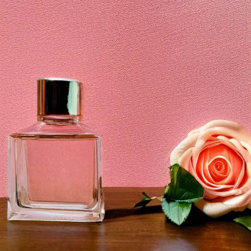 Prompt: perfume bottle surrounded by artistic, peach pink roses, peach background, softly - lit, warmly - lit, soft femme, romantic simple path traced, environment, up close shot