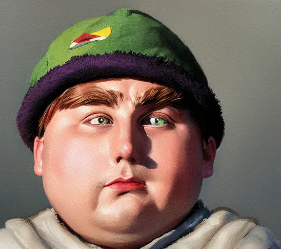 Image similar to a hyper-detailed portrait of Eric Cartman by Craig Mullins; oil on canvas; trending on artstation; 90mm; f/1.4