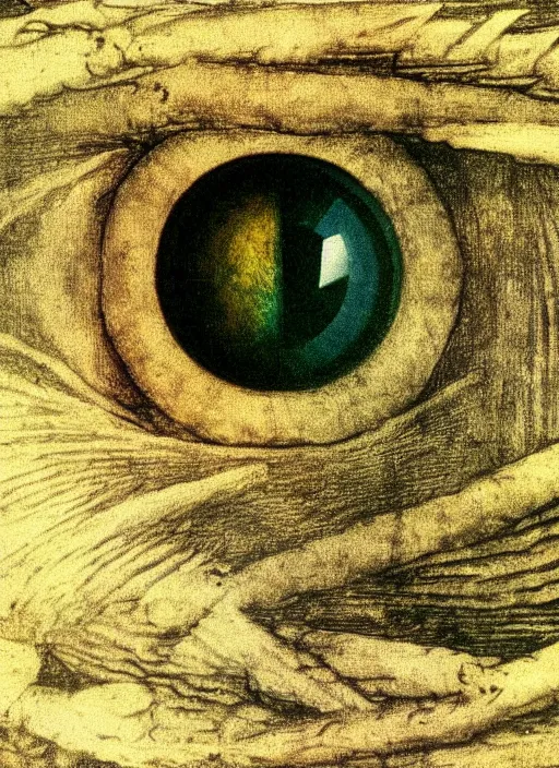 Prompt: color photo of a dragon eye by leonardo davinci