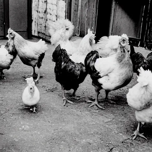 Prompt: A group of chickens with gang bandanas around their necks, Album Cover Art, eye-catching , dramatic, photographed by Henri Cartier-Bresson on a Leica camera