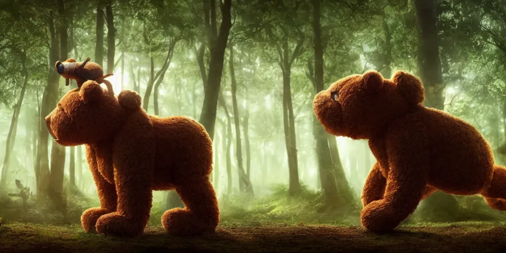 Prompt: a giant ant is riding a giant teddy bear in a forest, moody, cinematic light, matte painting, concept art, highly detailed, 8k