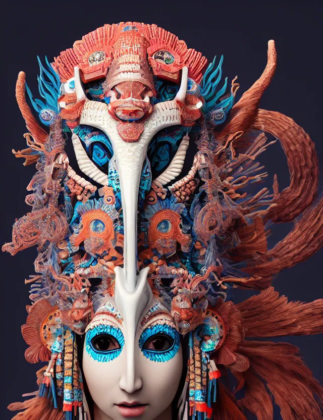 Image similar to 3 d goddess close - up profile portrait aztec with ram skull. beautiful intricately detailed japanese crow kitsune mask and clasical japanese kimono. betta fish, jellyfish phoenix, bio luminescent, plasma, ice, water, wind, creature, artwork by tooth wu and wlop and beeple and greg rutkowski