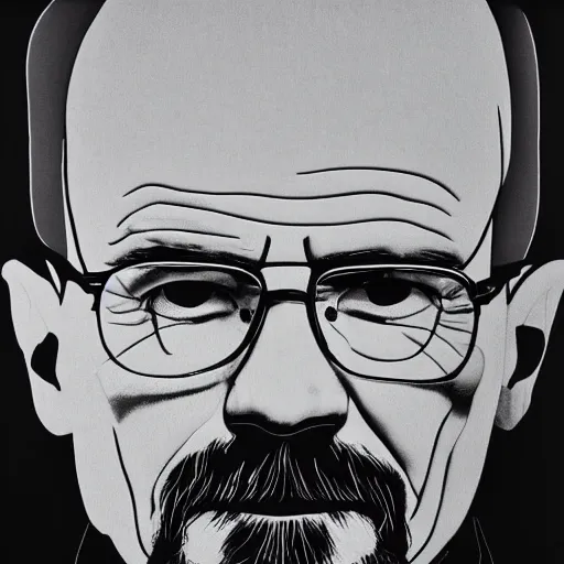 Image similar to a portrait of Walter White, made by Andy Warhol, two tone, very high contrast, only black and white, simplistic, extremely high contrast, two tone, notan art, by Andy Warhol, minimalistic,