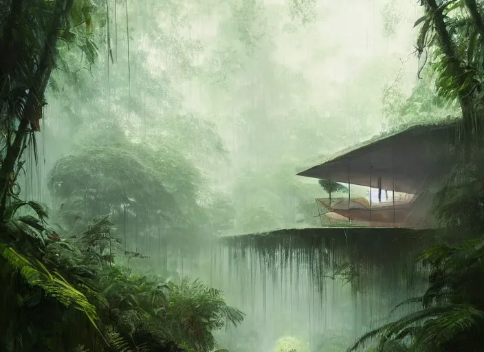 Prompt: a beautiful painting the insides of a geodesic house in a moist tropical rainforest, by greg rutkowski, realism, artstation, nature